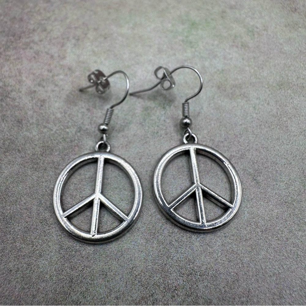 Nickel Free Silver Peace Sign Dangle Earrings - Picture 4 of 6